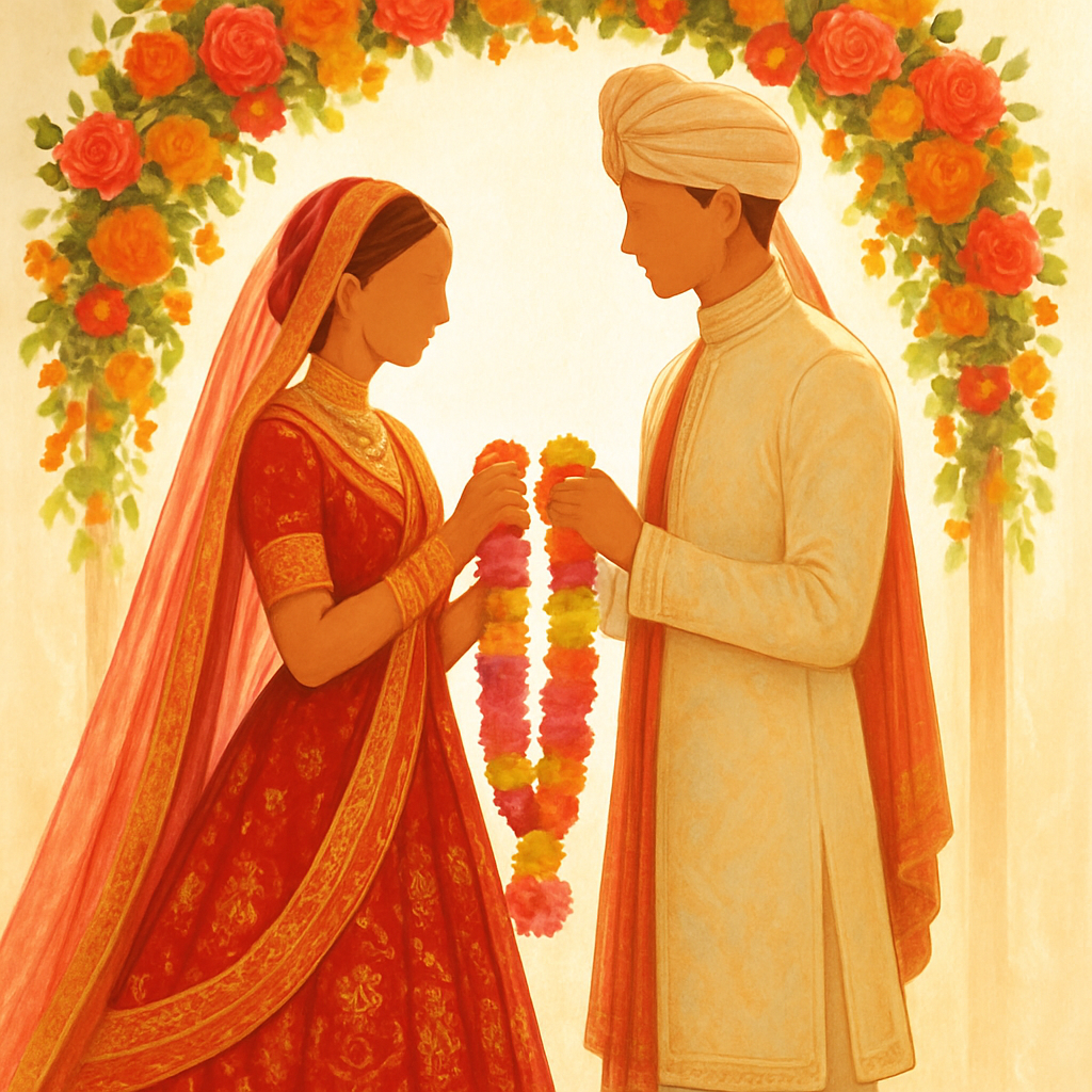 Couple exchanging varmala garlands